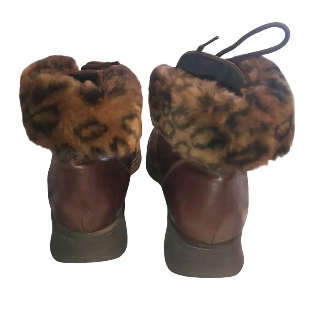 La Canadienne Size 8 Brown Leather Shearling Lined Laced Fold Over Winter Boots